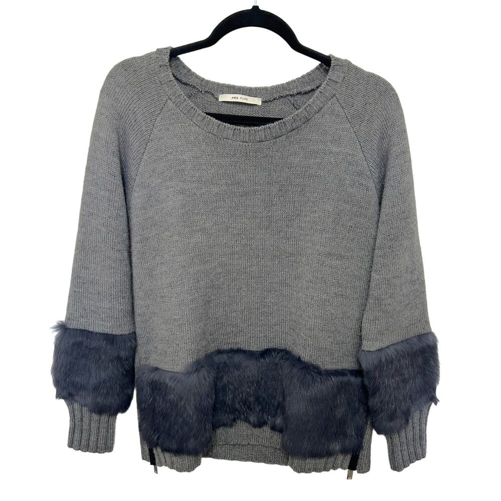 AMS PURE Grey Fur Trim Long Sleeve Sweater Womens 6